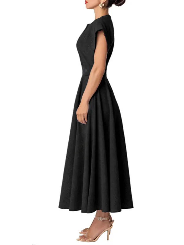 V-Neck Maxi Dress with Wrapped Sleeves and Pleated Skirt