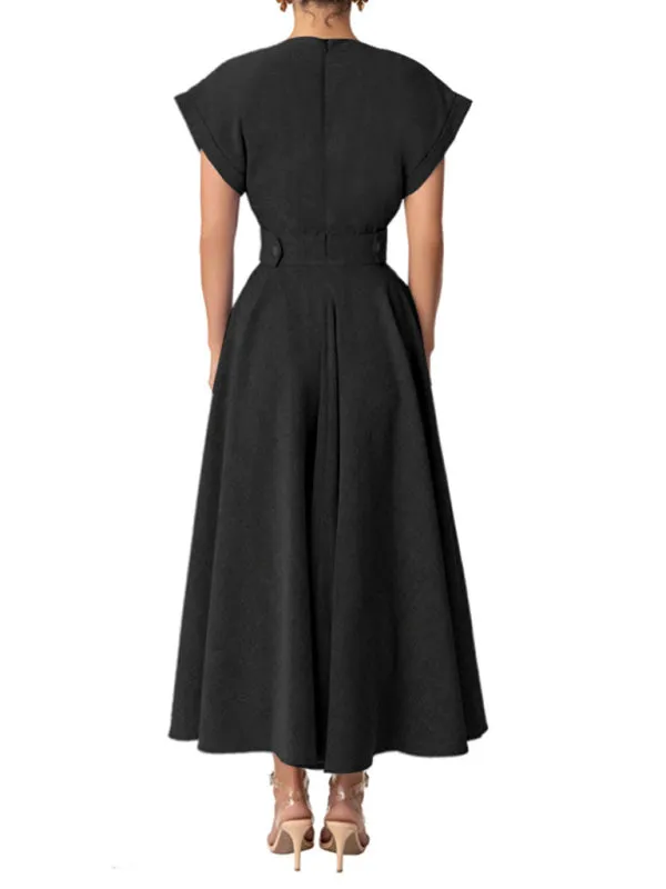 V-Neck Maxi Dress with Wrapped Sleeves and Pleated Skirt