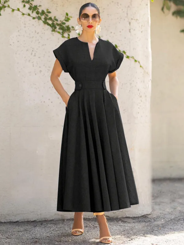 V-Neck Maxi Dress with Wrapped Sleeves and Pleated Skirt