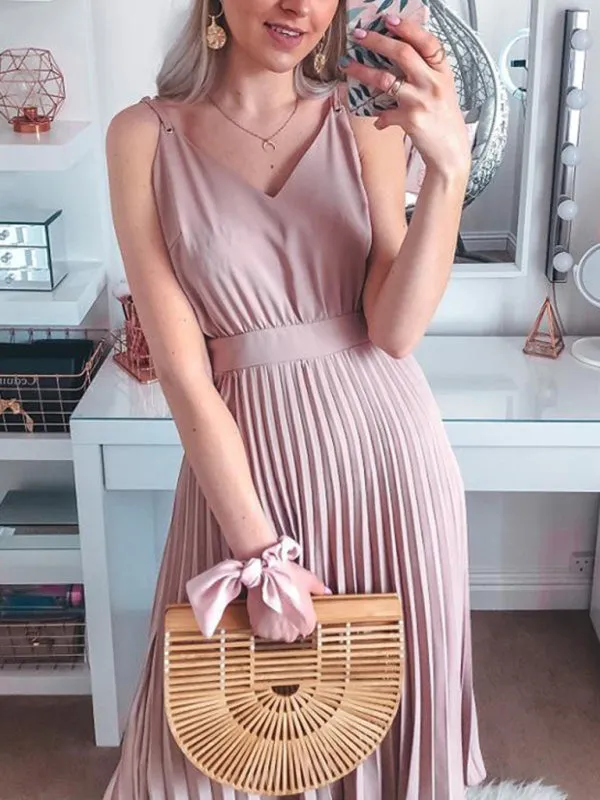 V-Neck Midi Dress with Pleated Skirt and Sleeveless Design