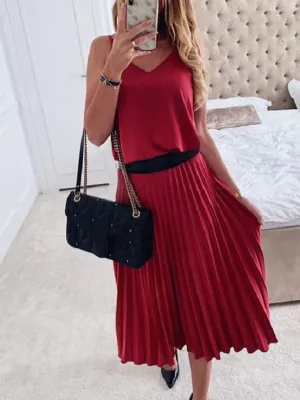 V-Neck Midi Dress with Pleated Skirt and Sleeveless Design