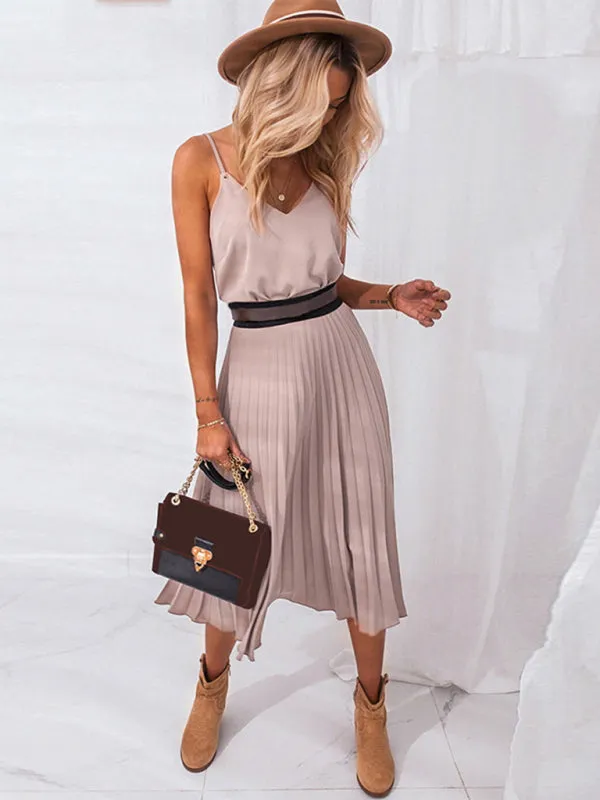 V-Neck Midi Dress with Pleated Skirt and Sleeveless Design