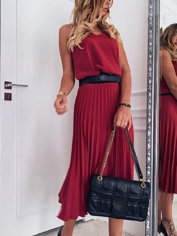 V-Neck Midi Dress with Pleated Skirt and Sleeveless Design