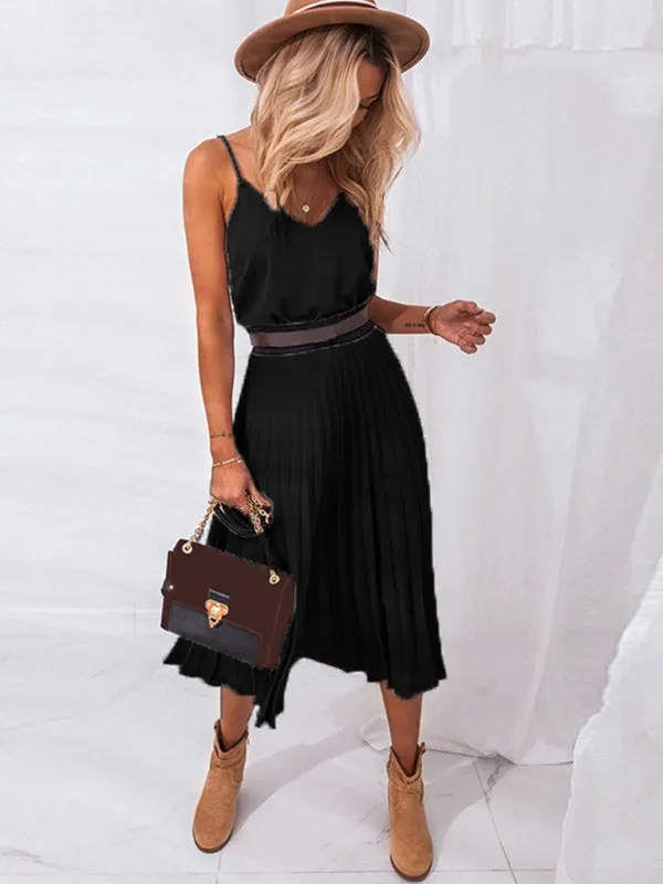 V-Neck Midi Dress with Pleated Skirt and Sleeveless Design