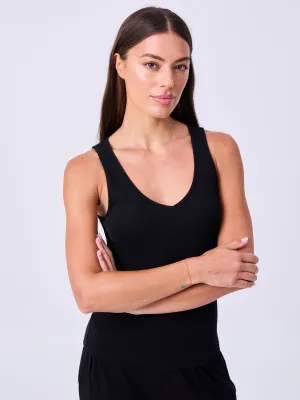 V neck Rib Tank - Black