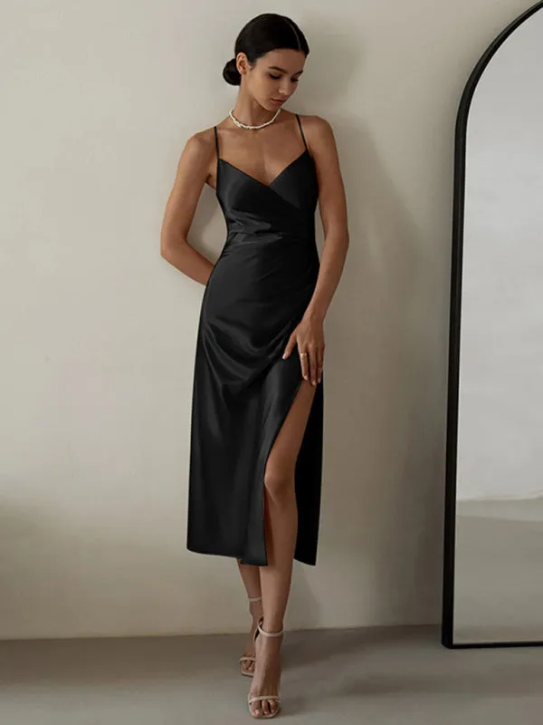 V-neck Satin Midi Dress with Pleated Waist and Slit