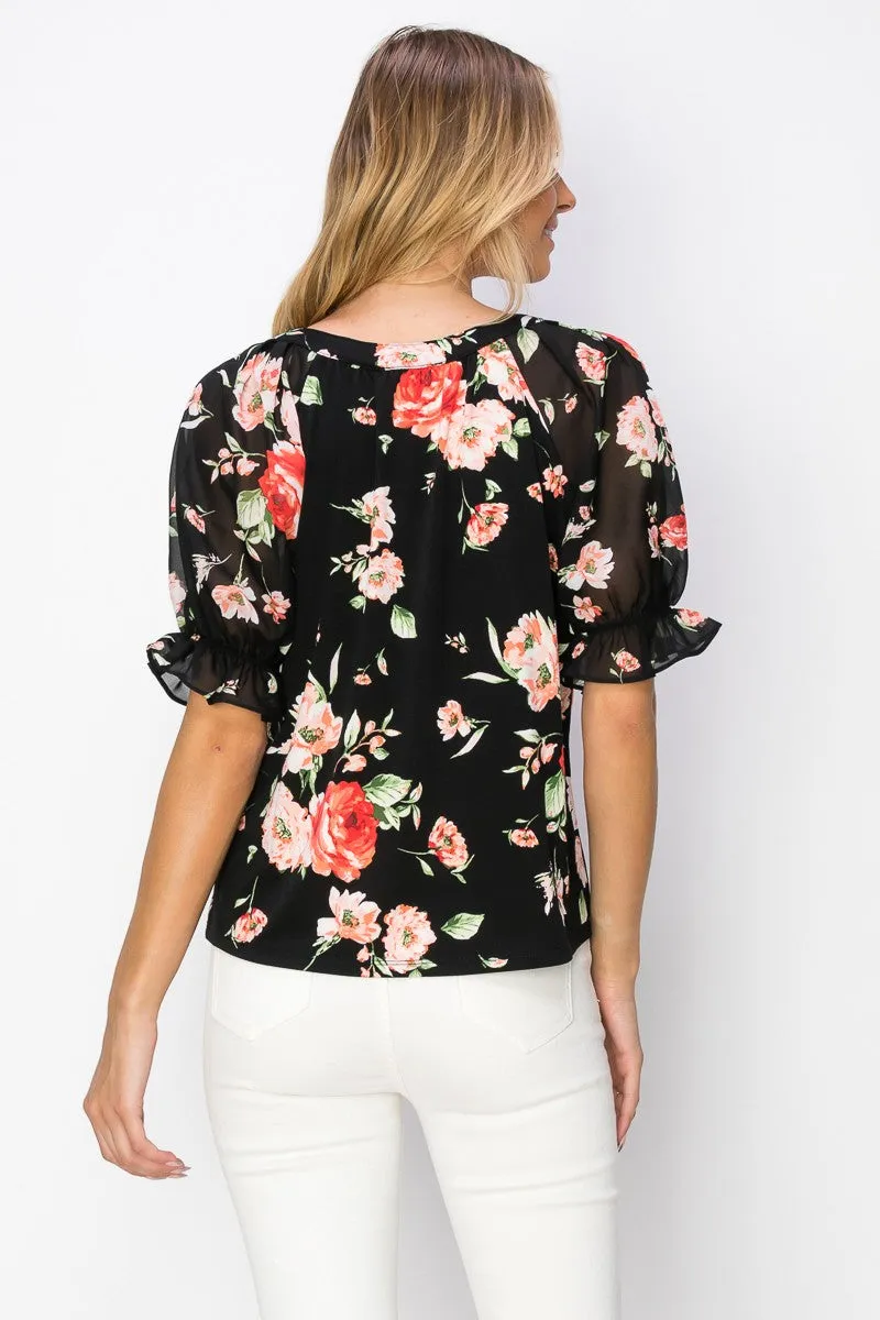 V Neck Tie Neck Flutter Short Sleeve Blouse