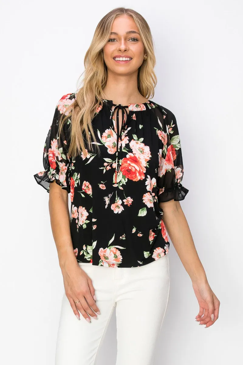 V Neck Tie Neck Flutter Short Sleeve Blouse