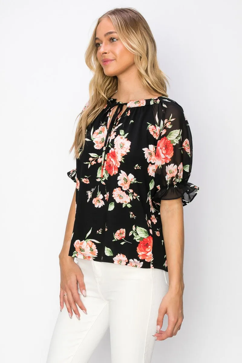 V Neck Tie Neck Flutter Short Sleeve Blouse