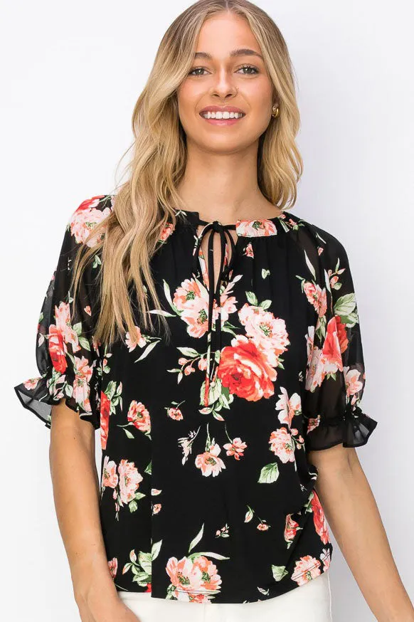 V Neck Tie Neck Flutter Short Sleeve Blouse