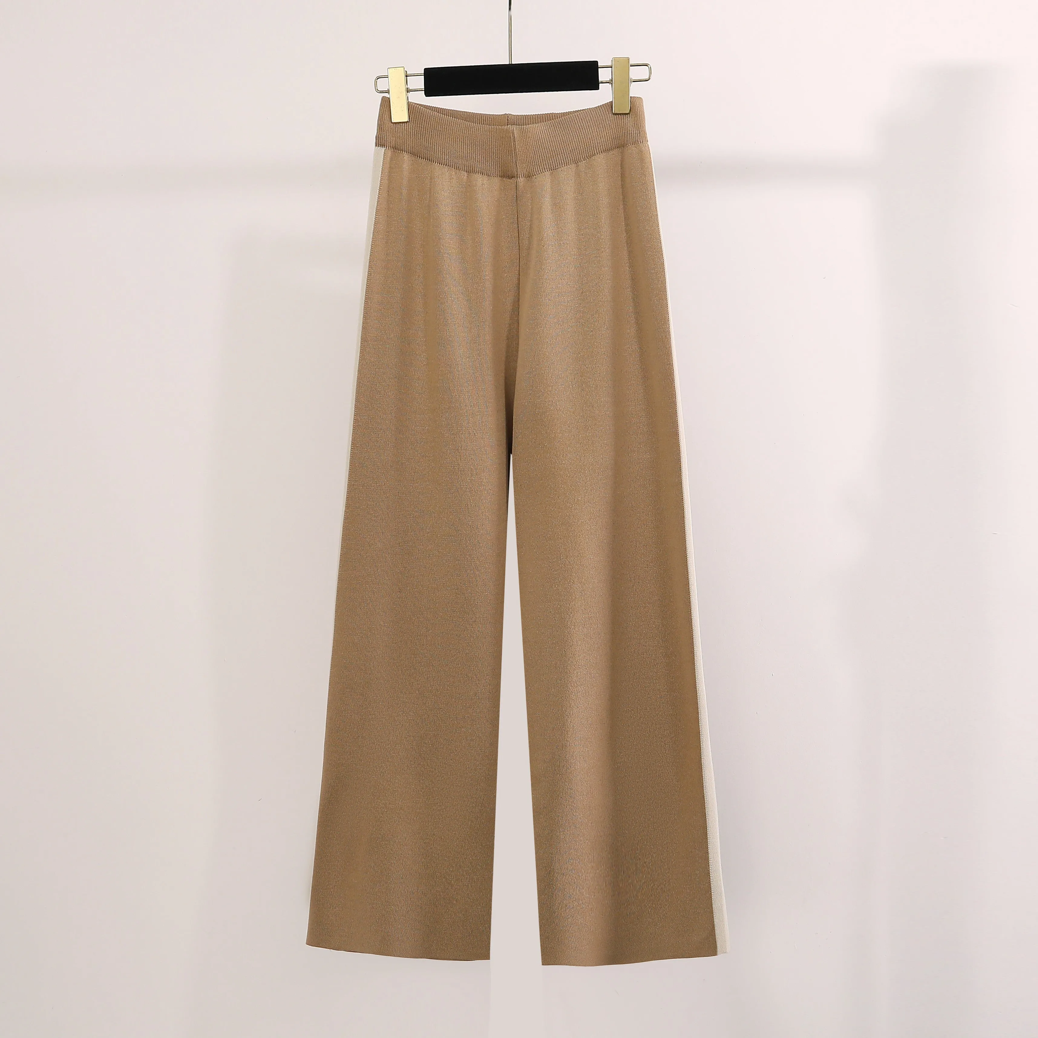 V Neck Vest Knitted Split Top Colorblock Wide Leg Pants Knitted Two Piece Set