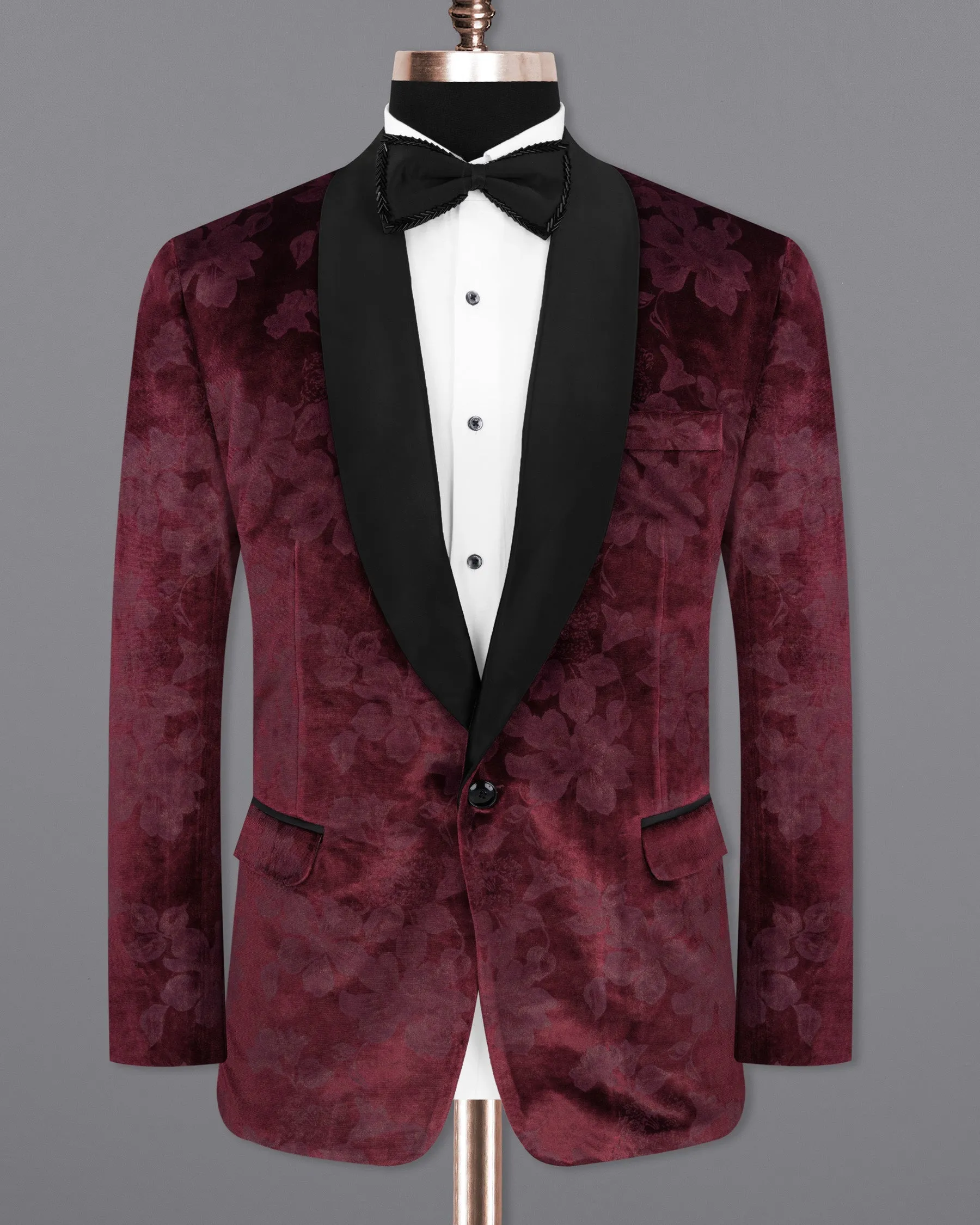 Velvet Dark Sienna Hibiscus flora Textured Designer Tuxedo Blazer