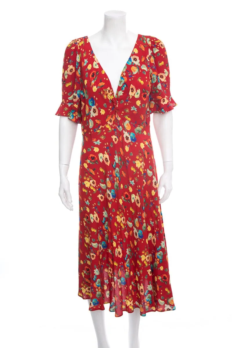 Veronique M Red Midi Floral Short Sleeve Dress SZ XL