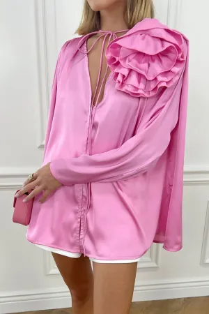 Victoria - Pink V-neck floral lace blouse