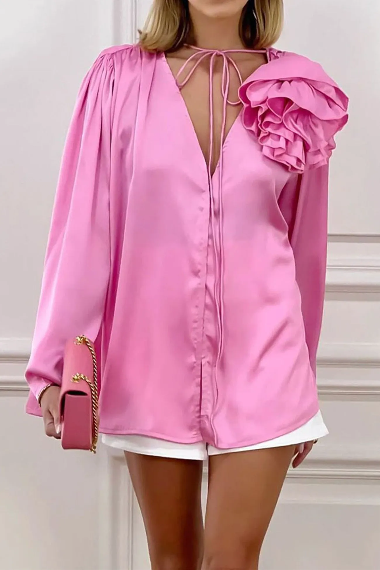 Victoria - Pink V-neck floral lace blouse