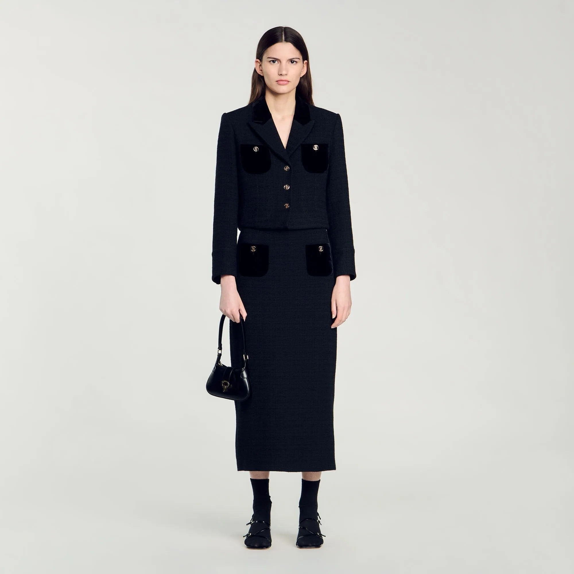 Victoria Velvet Tweed Cropped Jacket Black