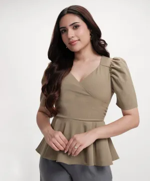 Vneck Sleeve Detailed Peplum Top