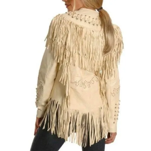 Western Fringe Beige Leather Studded Jacket for Women Cowgirl WFJ221