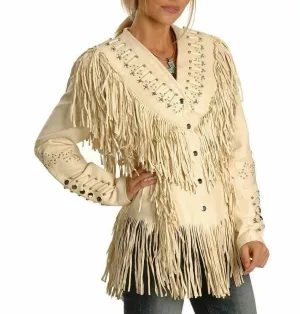 Western Fringe Beige Leather Studded Jacket for Women Cowgirl WFJ221