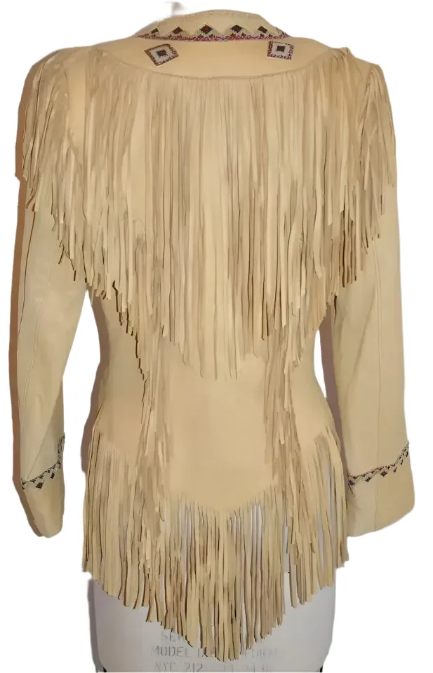 Western Fringe Beige Suede Leather Beaded Jacket for Women Cowgirl WFJ216