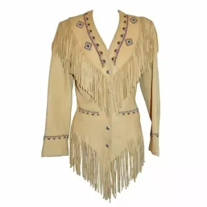 Western Fringe Beige Suede Leather Beaded Jacket for Women Cowgirl WFJ216