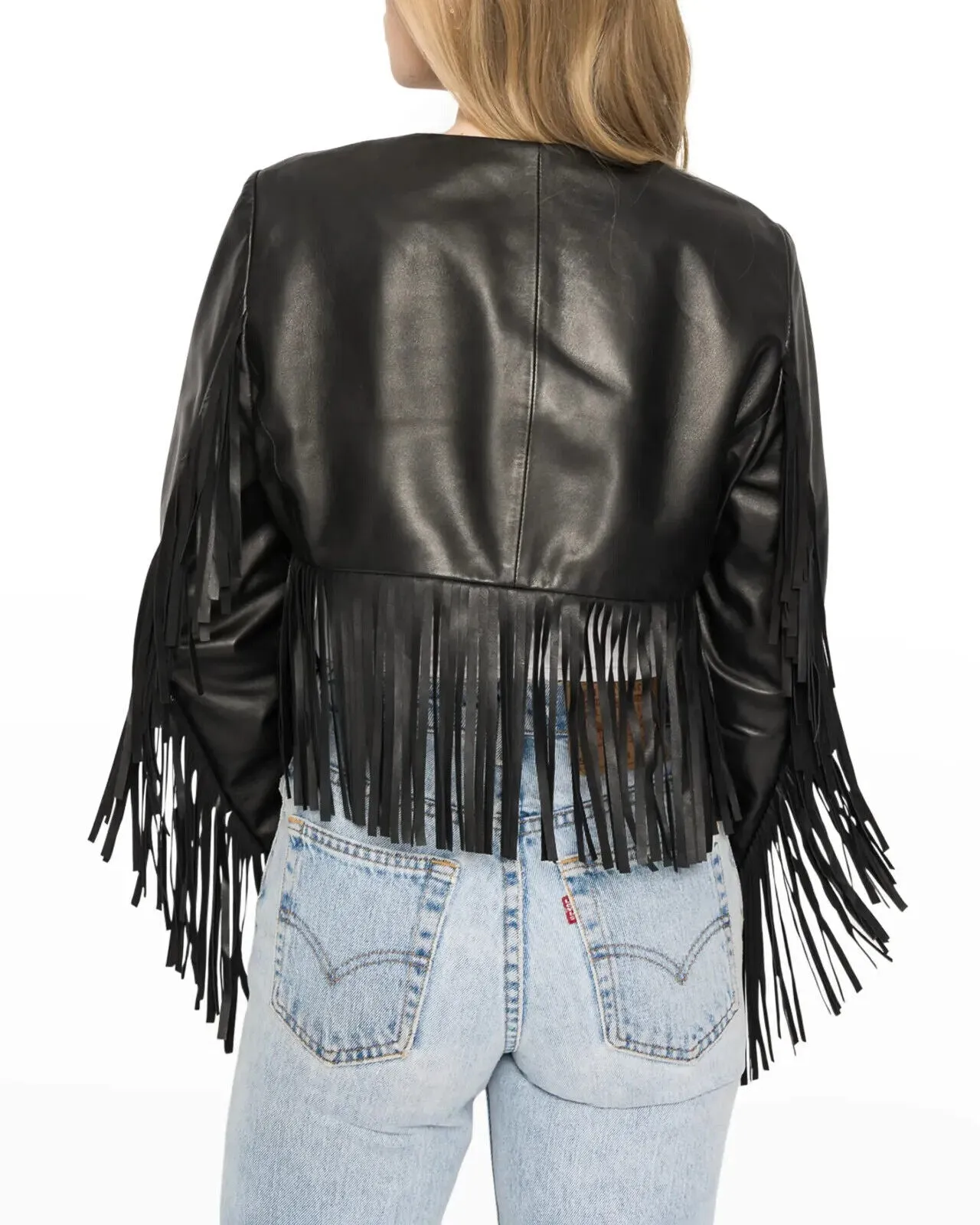 Western Fringe Black Leather Jacket for Biker Women Cowgirl WFJ744