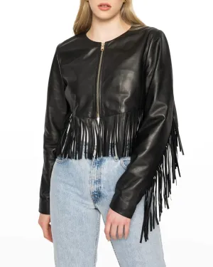 Western Fringe Black Leather Jacket for Biker Women Cowgirl WFJ744