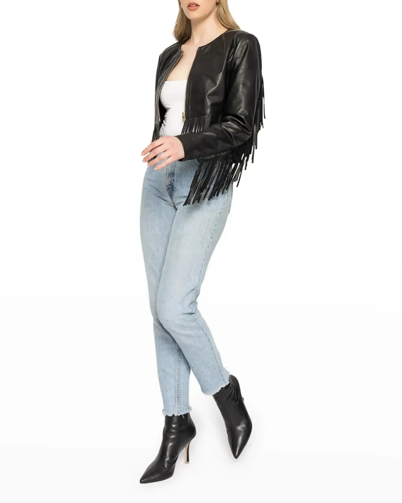 Western Fringe Black Leather Jacket for Biker Women Cowgirl WFJ744