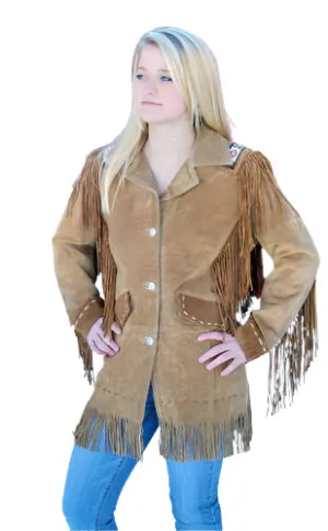 Western Fringe Brown Suede Leather Beaded Jacket for Women WFJ510