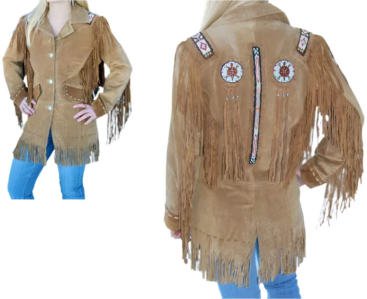 Western Fringe Brown Suede Leather Beaded Jacket for Women WFJ510