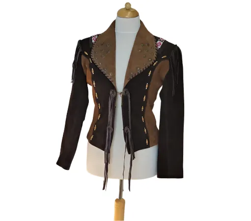 Western Fringe Brown Suede Leather Beaded Jacket for Women WFJ511
