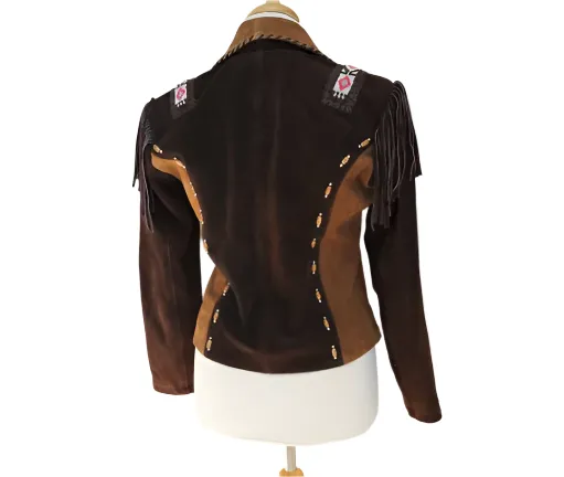 Western Fringe Brown Suede Leather Beaded Jacket for Women WFJ511