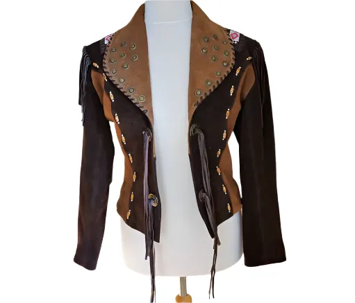 Western Fringe Brown Suede Leather Beaded Jacket for Women WFJ511