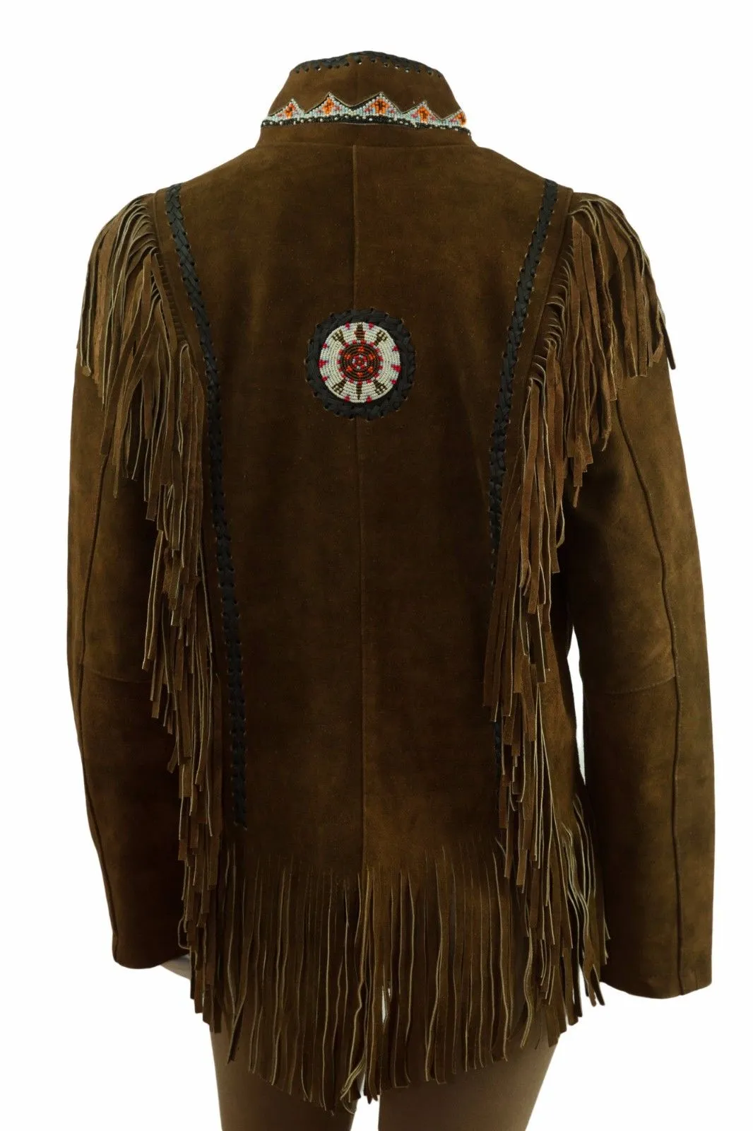 Western Fringe Brown Suede Leather Bone Beaded Jacket for Women WFJ505
