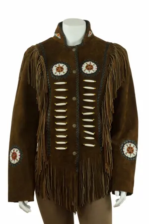 Western Fringe Brown Suede Leather Bone Beaded Jacket for Women WFJ505