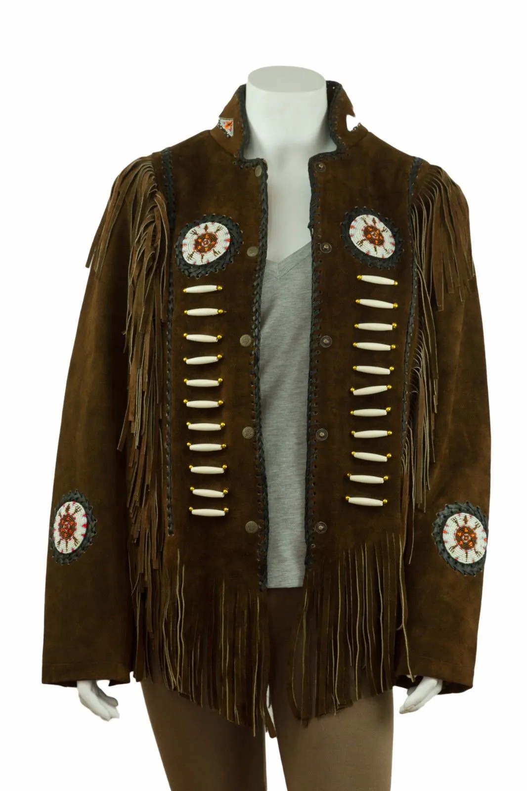 Western Fringe Brown Suede Leather Bone Beaded Jacket for Women WFJ505