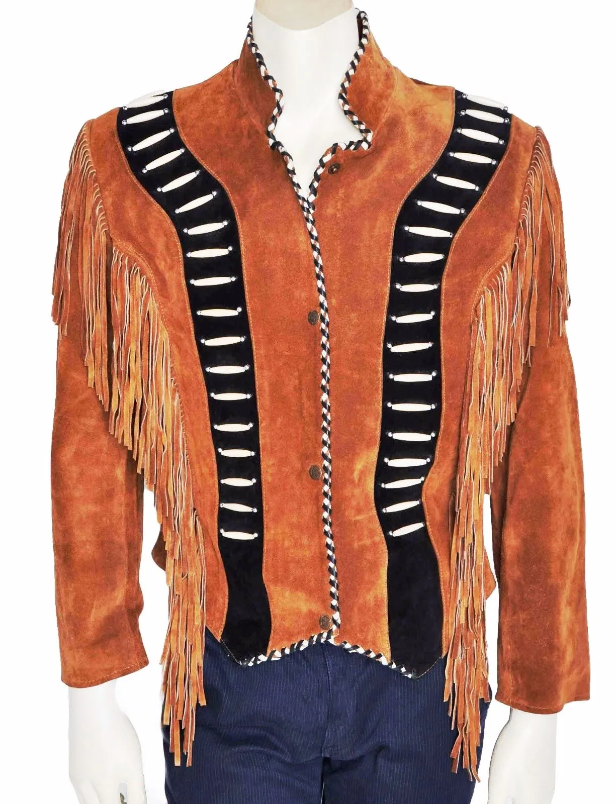 Western Fringe Brown Suede Leather Bone work Jacket for Women WFJ565