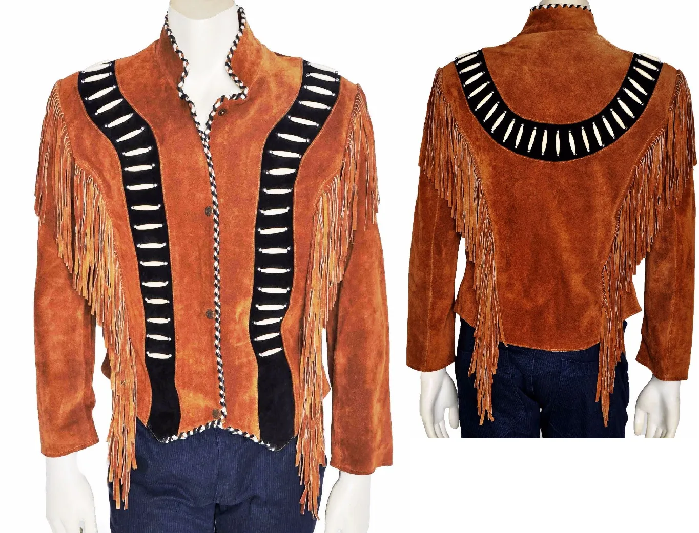 Western Fringe Brown Suede Leather Bone work Jacket for Women WFJ565