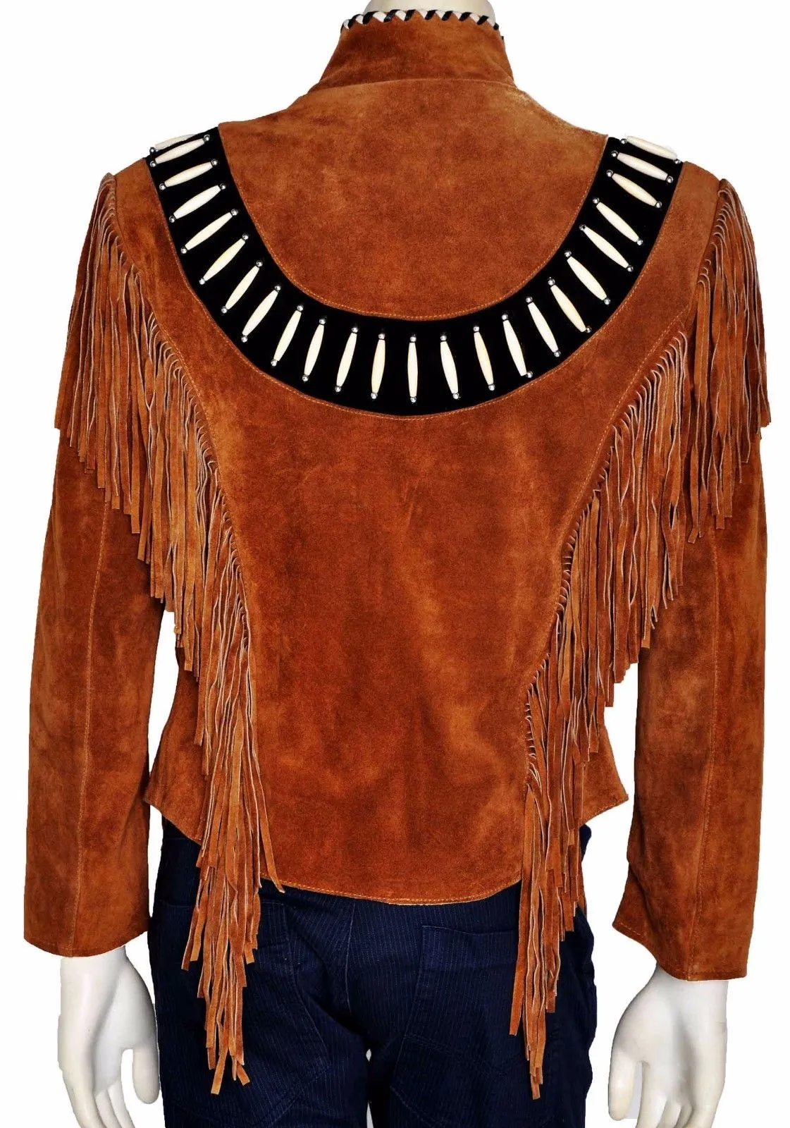 Western Fringe Brown Suede Leather Bone work Jacket for Women WFJ565