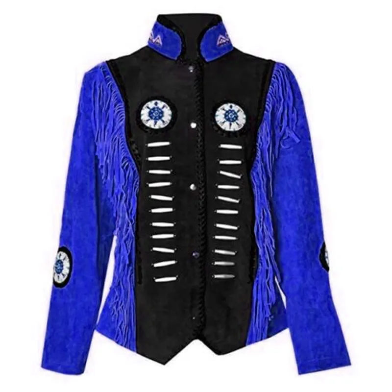 Western Fringe Suede Leather Bone Beaded Jacket for Women WFJ1007