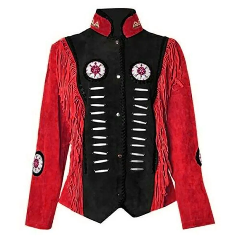 Western Fringe Suede Leather Bone Beaded Jacket for Women WFJ1007