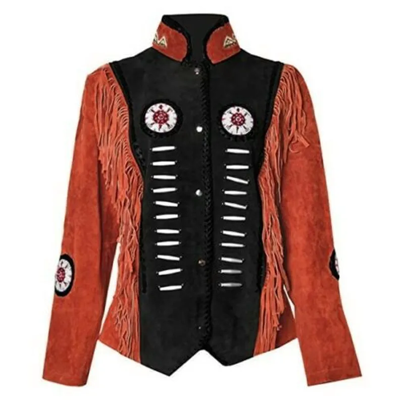 Western Fringe Suede Leather Bone Beaded Jacket for Women WFJ1007