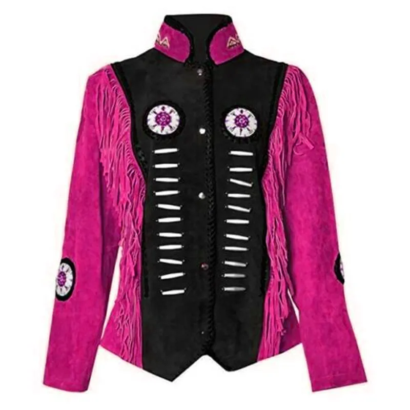 Western Fringe Suede Leather Bone Beaded Jacket for Women WFJ1007