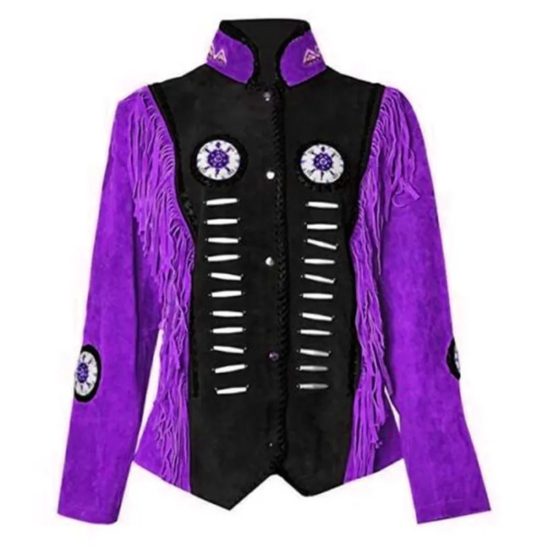 Western Fringe Suede Leather Bone Beaded Jacket for Women WFJ1007