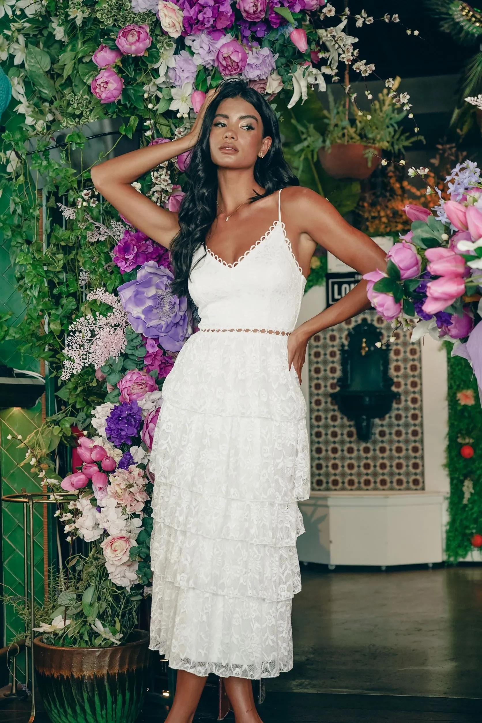 White Layered Lace Midi Dress with Details