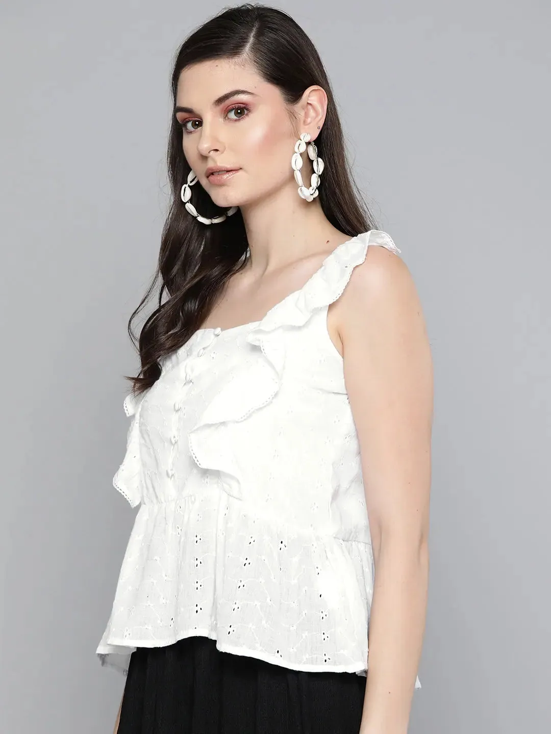 White Schiffli Button Peplum Top