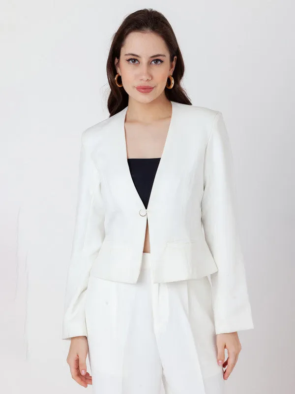 White Solid Fitted Blazer