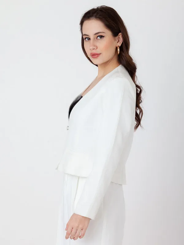 White Solid Fitted Blazer