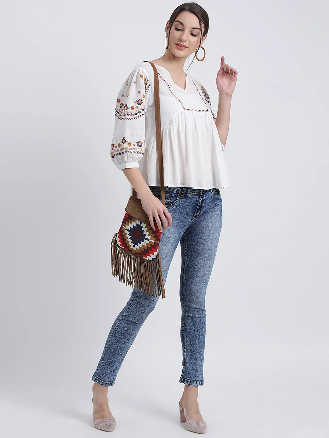 White Solid Peplum Top