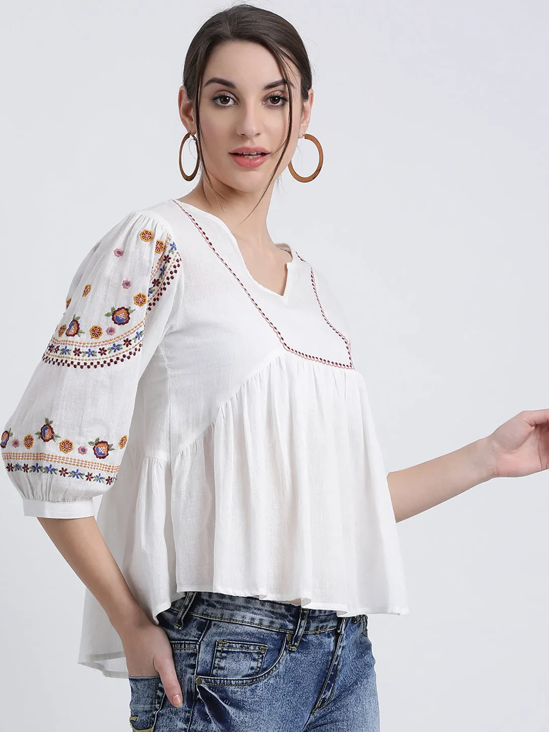 White Solid Peplum Top